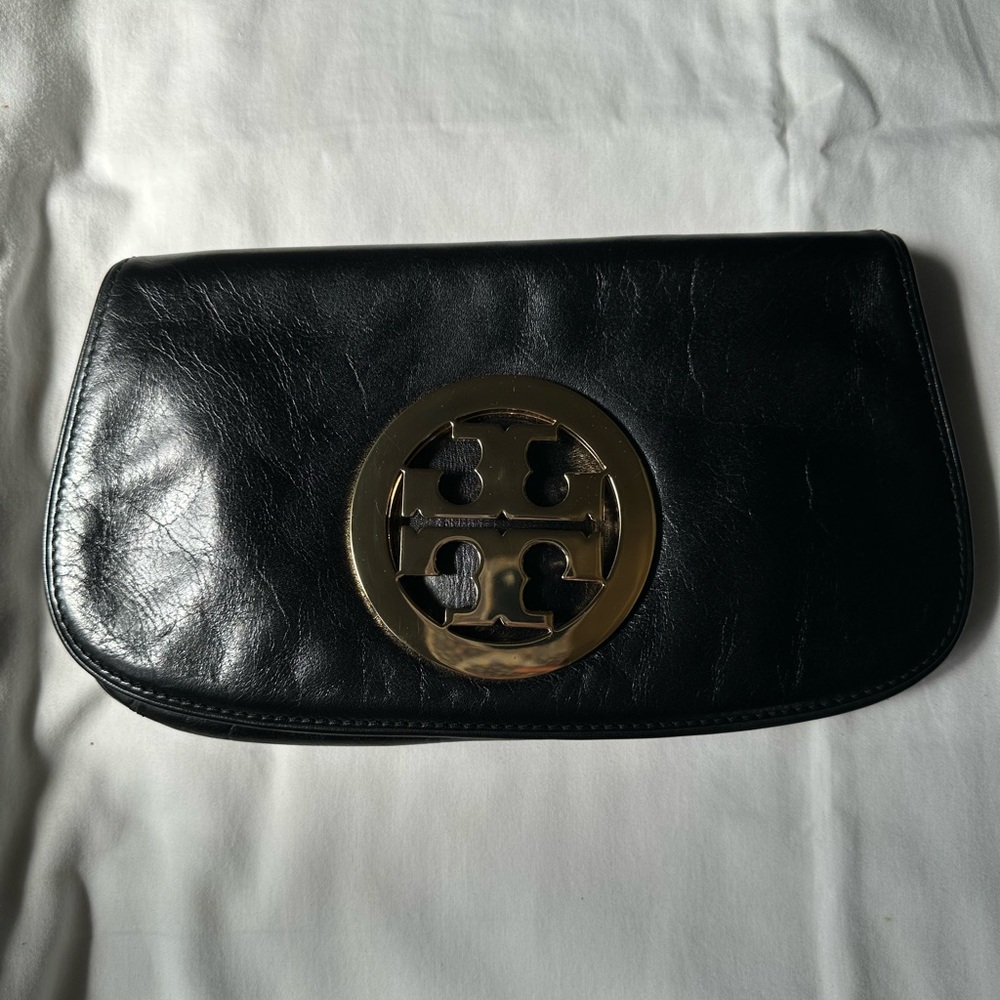 Tory Burch Black Leather Clutch with Gold Logo Medallion